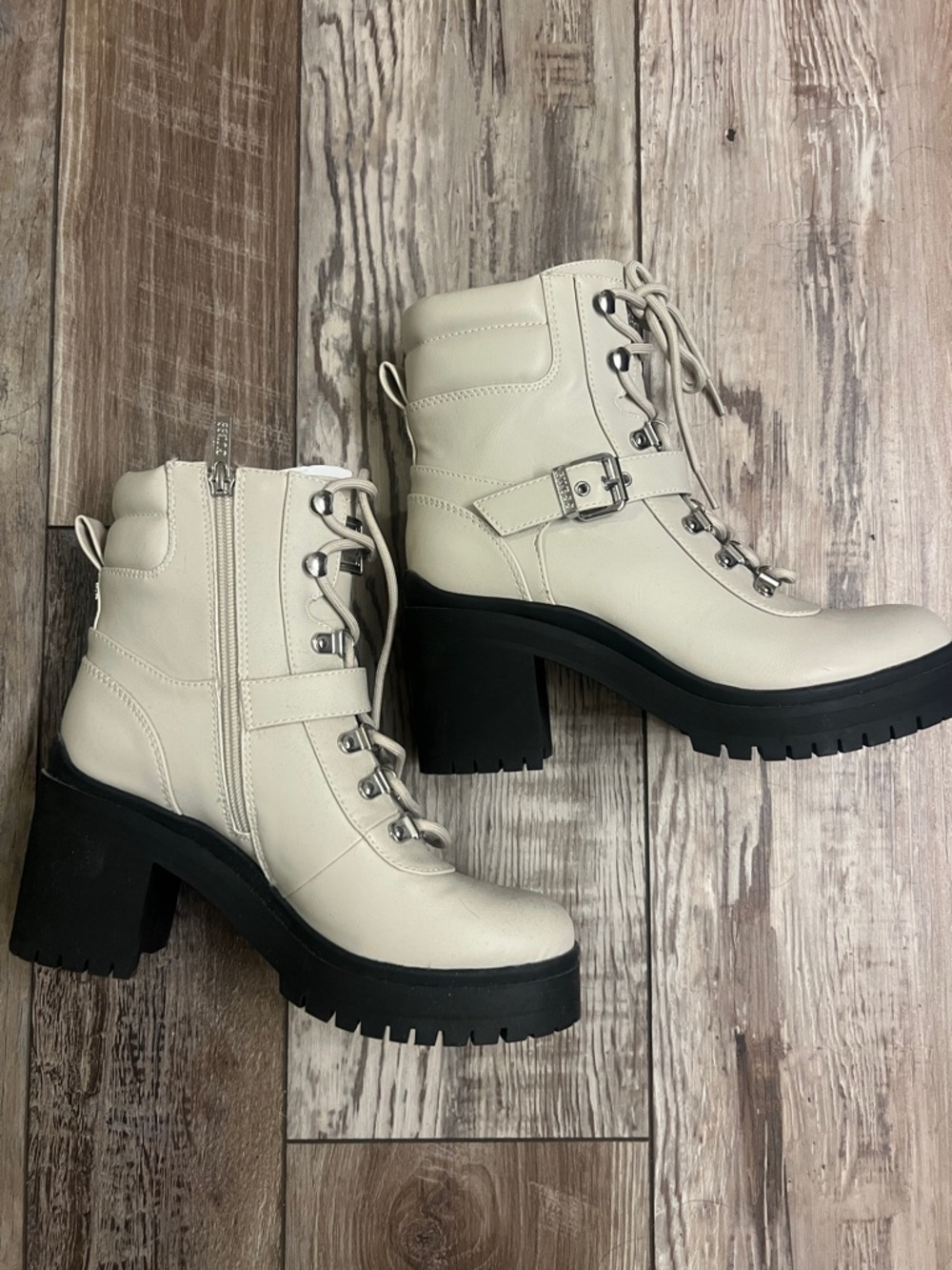 Guess Cream Lace-Up Block Heel Combat Boots with Black Lug Sole